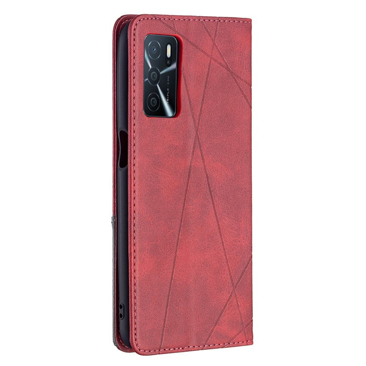 Magnetic Closure Card Holder Vintage Rhombus-Like Imprinting Drop-proof Leather Stand Protective Case for Oppo A16 / A16s / A54s - Red