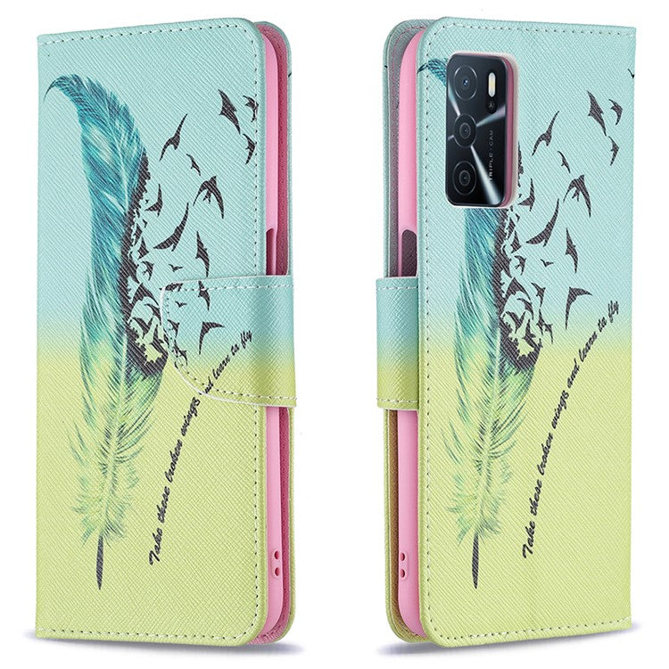 Pattern Printing Premium PU Leather Wallet Stand Flip Protective Cover with Magnetic Closure for Oppo A16/A16s/A54s - Feather and Birds