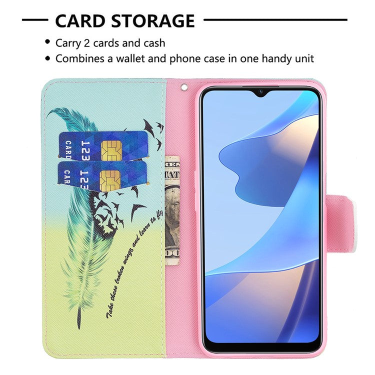 Pattern Printing Premium PU Leather Wallet Stand Flip Protective Cover with Magnetic Closure for Oppo A16/A16s/A54s - Feather and Birds