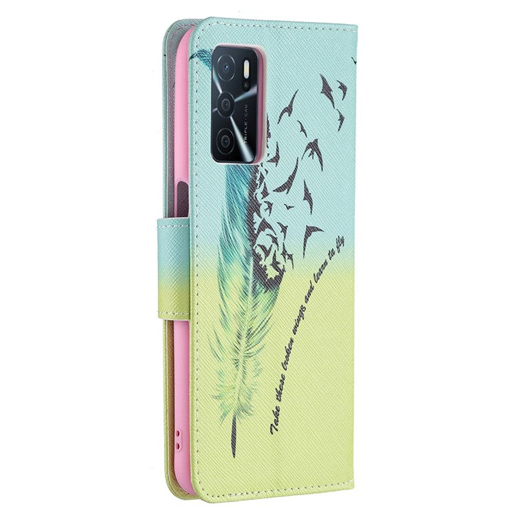Pattern Printing Premium PU Leather Wallet Stand Flip Protective Cover with Magnetic Closure for Oppo A16/A16s/A54s - Feather and Birds