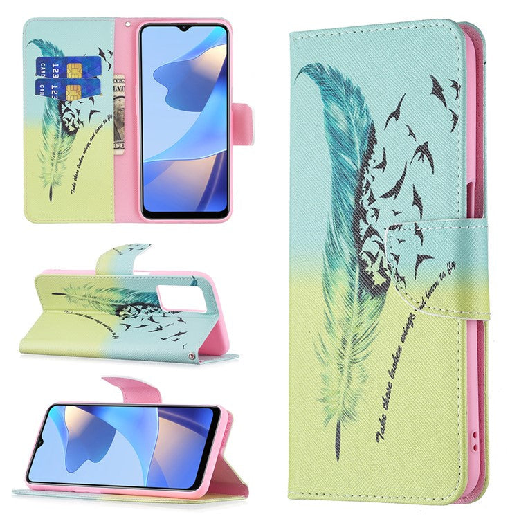 Pattern Printing Premium PU Leather Wallet Stand Flip Protective Cover with Magnetic Closure for Oppo A16/A16s/A54s - Feather and Birds