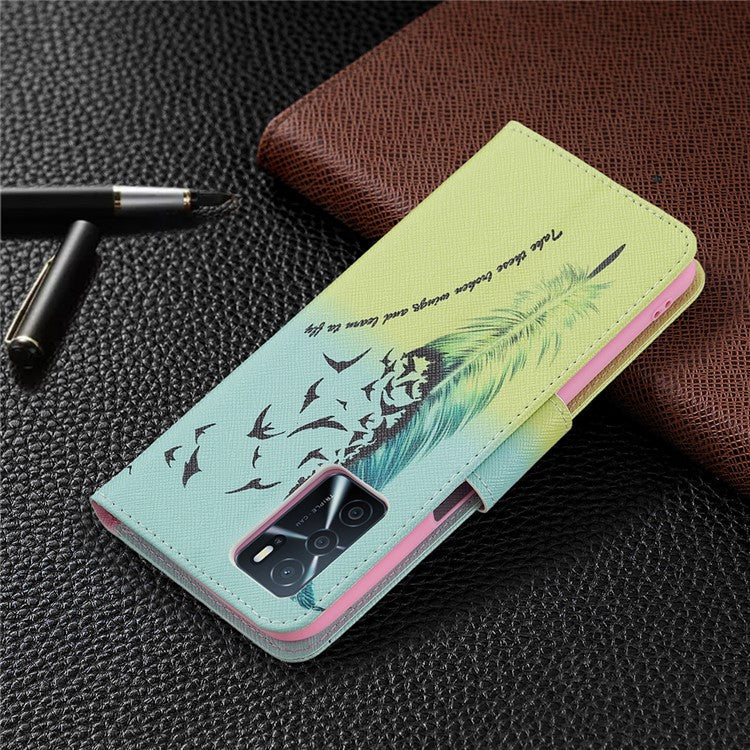 Pattern Printing Premium PU Leather Wallet Stand Flip Protective Cover with Magnetic Closure for Oppo A16/A16s/A54s - Feather and Birds