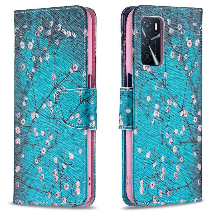 Pattern Printing Premium PU Leather Wallet Stand Flip Protective Cover with Magnetic Closure for Oppo A16/A16s/A54s - Plum Blossom