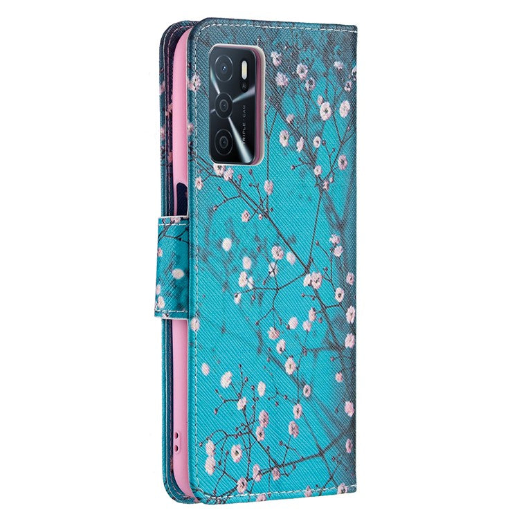 Pattern Printing Premium PU Leather Wallet Stand Flip Protective Cover with Magnetic Closure for Oppo A16/A16s/A54s - Plum Blossom