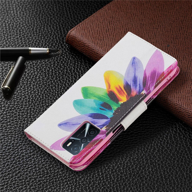 Pattern Printing Premium PU Leather Wallet Stand Flip Protective Cover with Magnetic Closure for Oppo A16/A16s/A54s - Sunflower