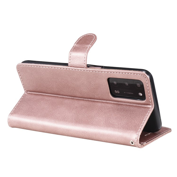 KT Leather Series-2 Shockproof Folio Flip PU Leather Wallet Case with Stand and Strap for Oppo A55 5G / A54 4G / A16 4G / Realme V11 5G - Rose Gold
