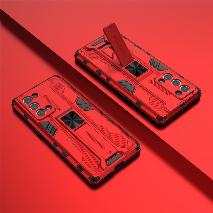 Kickstand Design Hard PC Back + Soft TPU Bumper Bumper Drop Proof Protective Case for Oppo Reno6 Pro+ 5G - Red