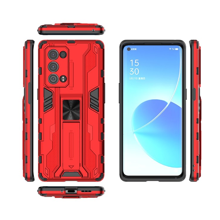 Kickstand Design Hard PC Back + Soft TPU Bumper Bumper Drop Proof Protective Case for Oppo Reno6 Pro+ 5G - Red