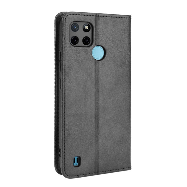 Imprinting Pattern Vintage Style Strong Magnet Phone Wallet Stand Case Leather Cover for Realme C21Y - Black