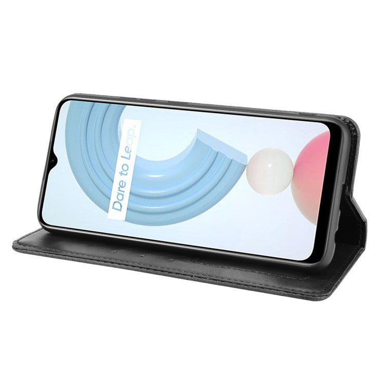 Imprinting Pattern Vintage Style Strong Magnet Phone Wallet Stand Case Leather Cover for Realme C21Y - Black