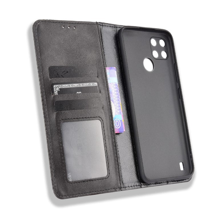 Imprinting Pattern Vintage Style Strong Magnet Phone Wallet Stand Case Leather Cover for Realme C21Y - Black