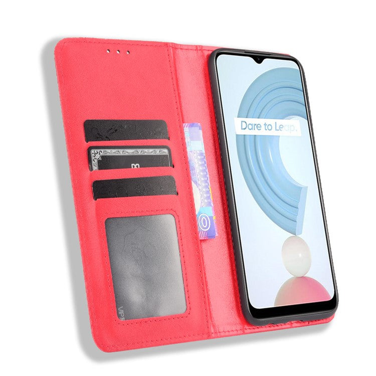 Imprinting Pattern Vintage Style Strong Magnet Phone Wallet Stand Case Leather Cover for Realme C21Y - Red