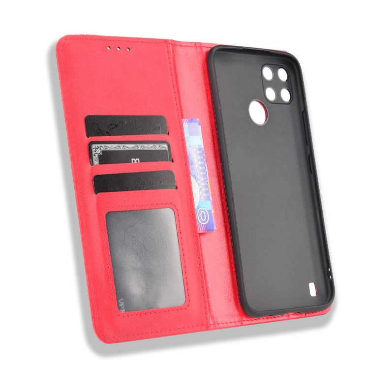 Imprinting Pattern Vintage Style Strong Magnet Phone Wallet Stand Case Leather Cover for Realme C21Y - Red
