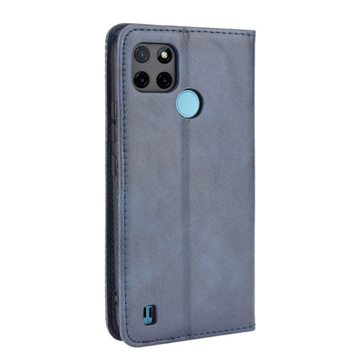 Imprinting Pattern Vintage Style Strong Magnet Phone Wallet Stand Case Leather Cover for Realme C21Y - Blue