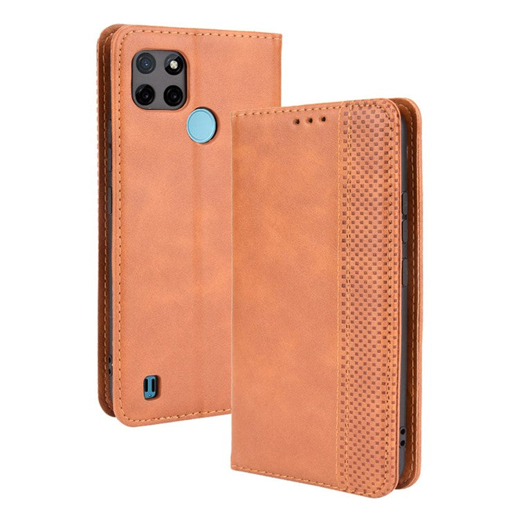 Imprinting Pattern Vintage Style Strong Magnet Phone Wallet Stand Case Leather Cover for Realme C21Y - Brown