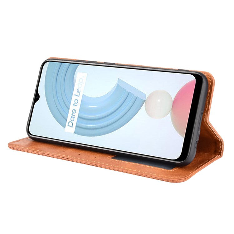 Imprinting Pattern Vintage Style Strong Magnet Phone Wallet Stand Case Leather Cover for Realme C21Y - Brown