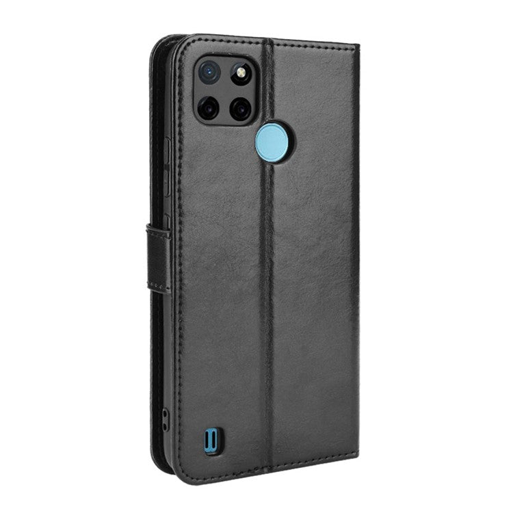 Crazy Horse PU Leather + TPU Wallet Card Slots Protective Cellphone Shell with Stand for Realme C21Y - Black