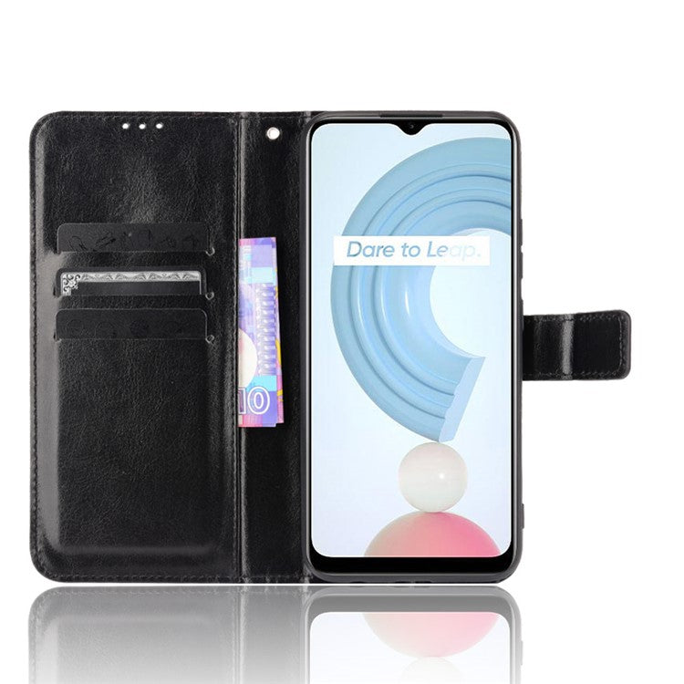 Crazy Horse PU Leather + TPU Wallet Card Slots Protective Cellphone Shell with Stand for Realme C21Y - Black