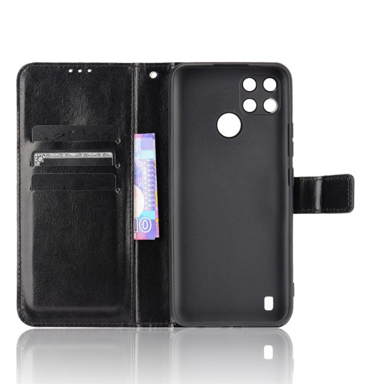 Crazy Horse PU Leather + TPU Wallet Card Slots Protective Cellphone Shell with Stand for Realme C21Y - Black