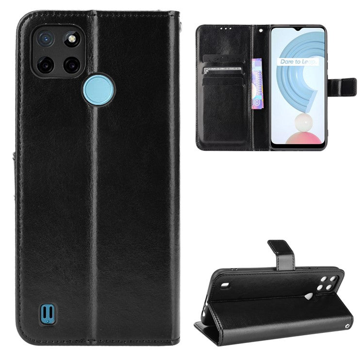 Crazy Horse PU Leather + TPU Wallet Card Slots Protective Cellphone Shell with Stand for Realme C21Y - Black
