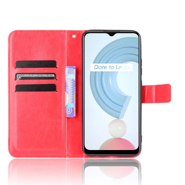 Crazy Horse PU Leather + TPU Wallet Card Slots Protective Cellphone Shell with Stand for Realme C21Y - Red