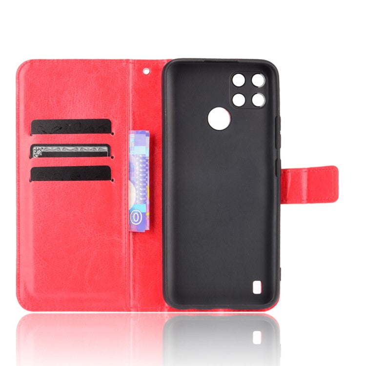 Crazy Horse PU Leather + TPU Wallet Card Slots Protective Cellphone Shell with Stand for Realme C21Y - Red
