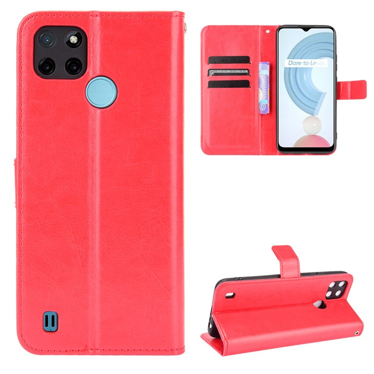 Crazy Horse PU Leather + TPU Wallet Card Slots Protective Cellphone Shell with Stand for Realme C21Y - Red
