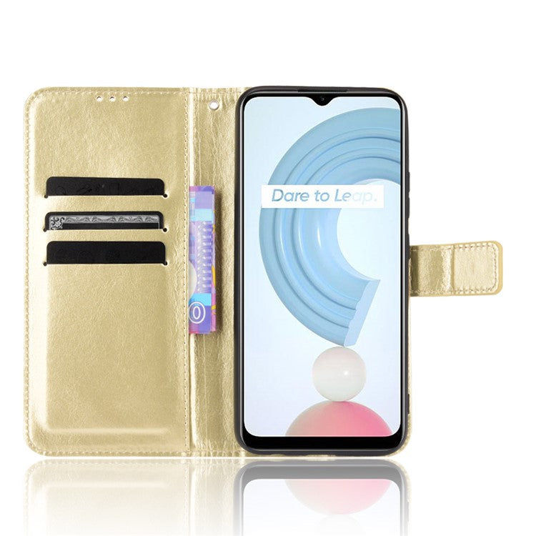 Crazy Horse PU Leather + TPU Wallet Card Slots Protective Cellphone Shell with Stand for Realme C21Y - Gold