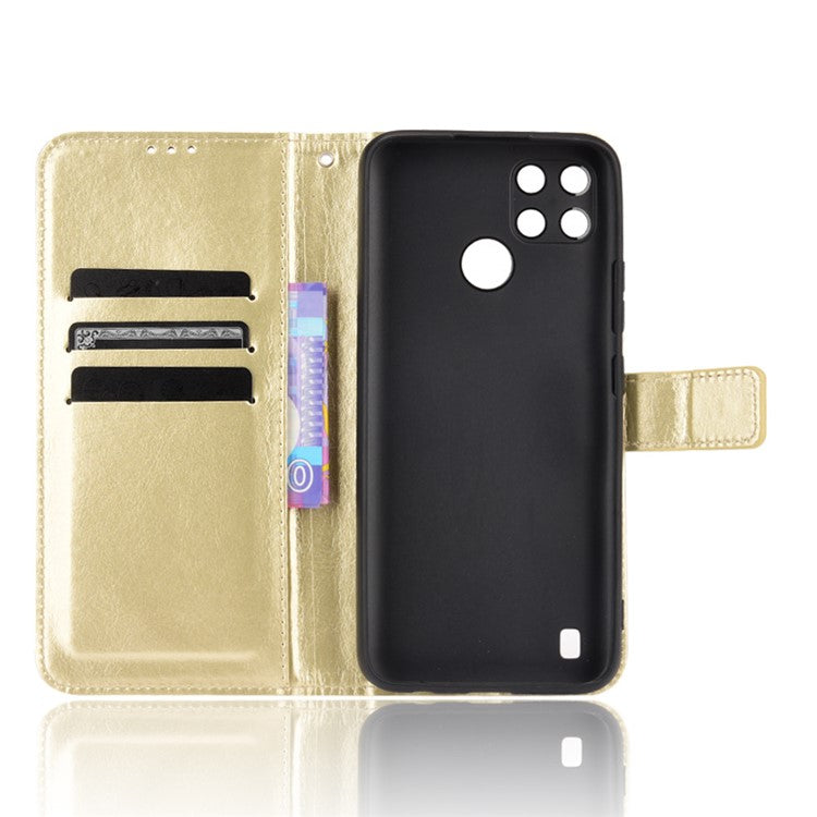 Crazy Horse PU Leather + TPU Wallet Card Slots Protective Cellphone Shell with Stand for Realme C21Y - Gold