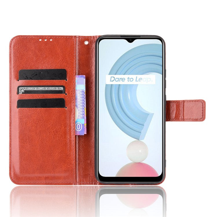 Crazy Horse PU Leather + TPU Wallet Card Slots Protective Cellphone Shell with Stand for Realme C21Y - Brown
