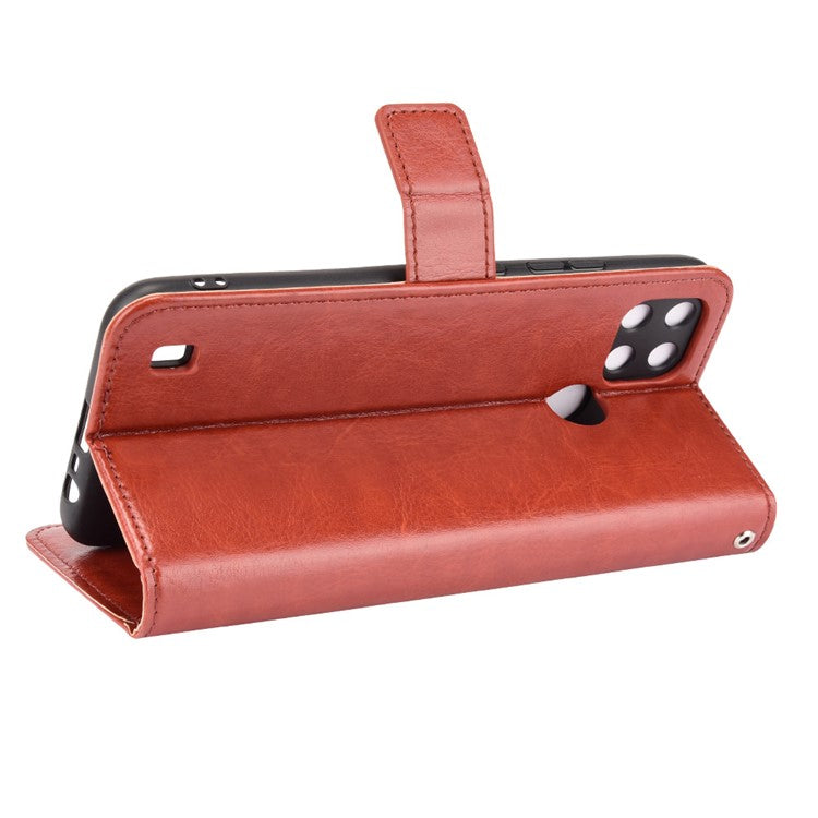 Crazy Horse PU Leather + TPU Wallet Card Slots Protective Cellphone Shell with Stand for Realme C21Y - Brown