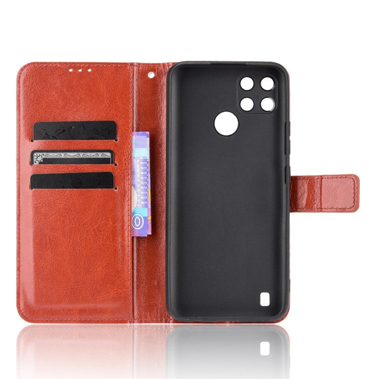 Crazy Horse PU Leather + TPU Wallet Card Slots Protective Cellphone Shell with Stand for Realme C21Y - Brown