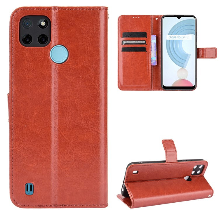 Crazy Horse PU Leather + TPU Wallet Card Slots Protective Cellphone Shell with Stand for Realme C21Y - Brown