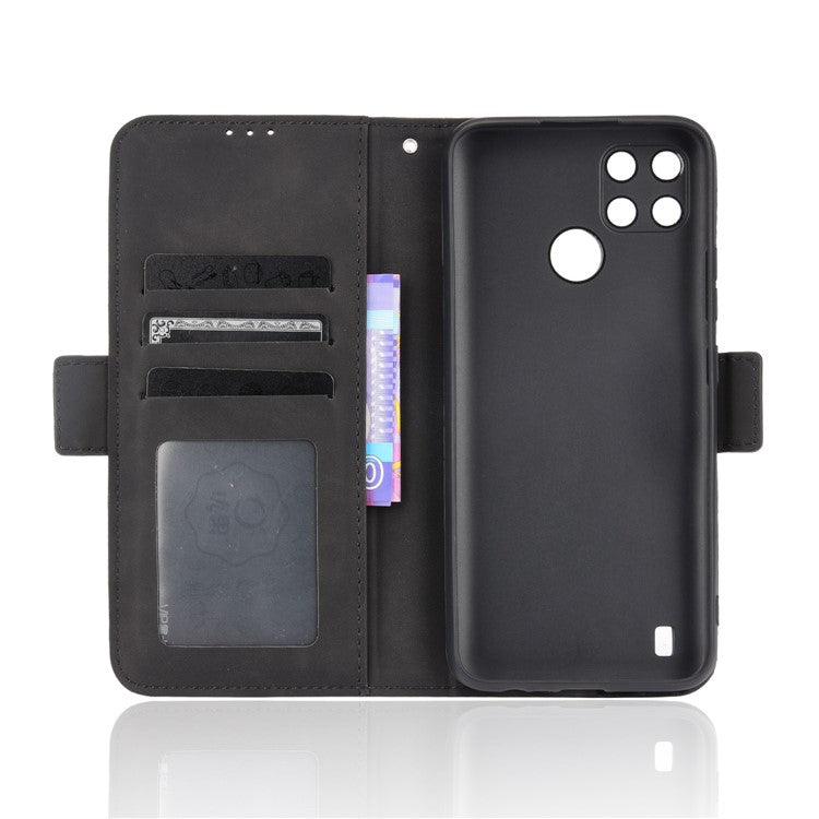 Anti-Fall Shockproof Vintage Multiple Card Slots PU Leather Phone Case Wallet Cover with Stand for Realme C21Y - Black