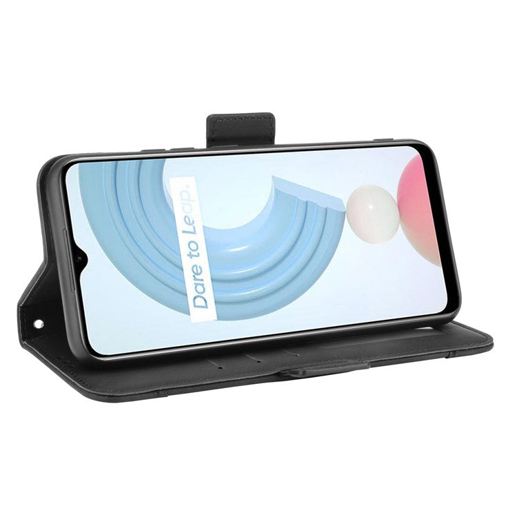 Anti-Fall Shockproof Vintage Multiple Card Slots PU Leather Phone Case Wallet Cover with Stand for Realme C21Y - Black
