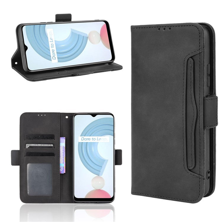 Anti-Fall Shockproof Vintage Multiple Card Slots PU Leather Phone Case Wallet Cover with Stand for Realme C21Y - Black