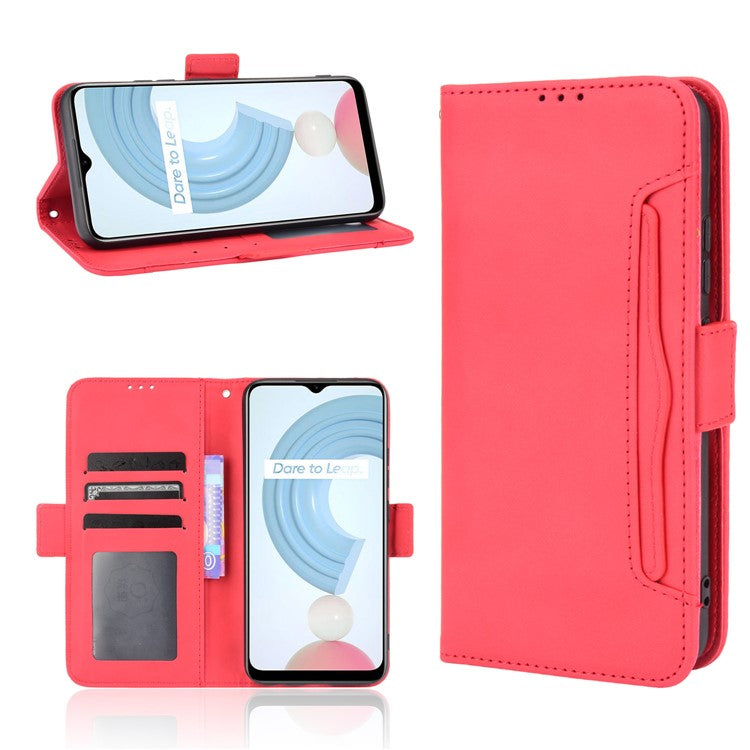 Anti-Fall Shockproof Vintage Multiple Card Slots PU Leather Phone Case Wallet Cover with Stand for Realme C21Y - Red