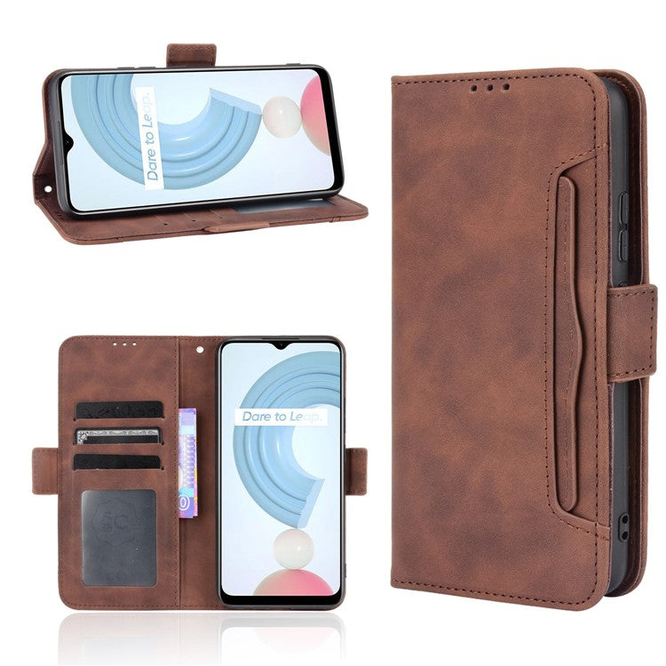 Anti-Fall Shockproof Vintage Multiple Card Slots PU Leather Phone Case Wallet Cover with Stand for Realme C21Y - Brown