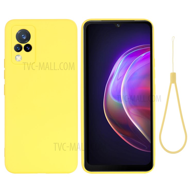 Shockproof Phone Cover Precise Cutout Solid Color Liquid Silicone Phone Case with Handy Strap for vivo V21 4G - Yellow