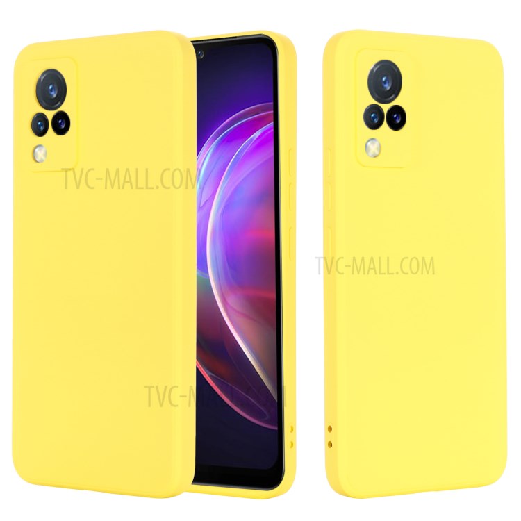 Shockproof Phone Cover Precise Cutout Solid Color Liquid Silicone Phone Case with Handy Strap for vivo V21 4G - Yellow