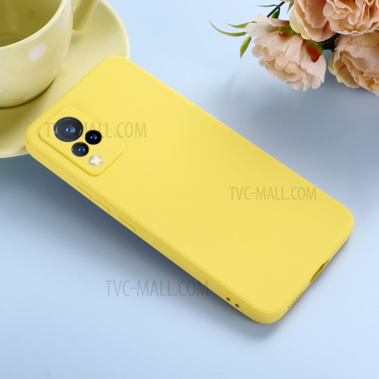 Shockproof Phone Cover Precise Cutout Solid Color Liquid Silicone Phone Case with Handy Strap for vivo V21 4G - Yellow
