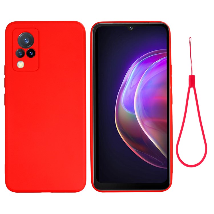 Shockproof Phone Cover Precise Cutout Solid Color Liquid Silicone Phone Case with Handy Strap for vivo V21 4G - Red