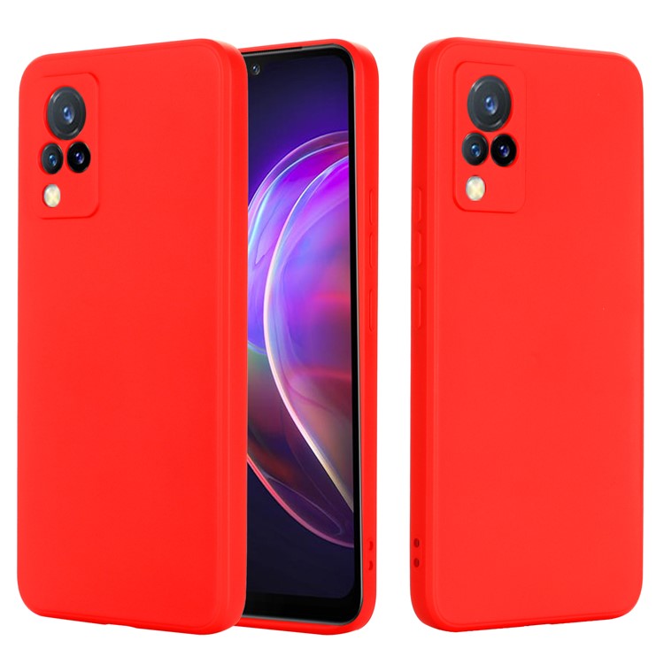 Shockproof Phone Cover Precise Cutout Solid Color Liquid Silicone Phone Case with Handy Strap for vivo V21 4G - Red
