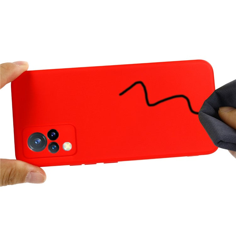 Shockproof Phone Cover Precise Cutout Solid Color Liquid Silicone Phone Case with Handy Strap for vivo V21 4G - Red