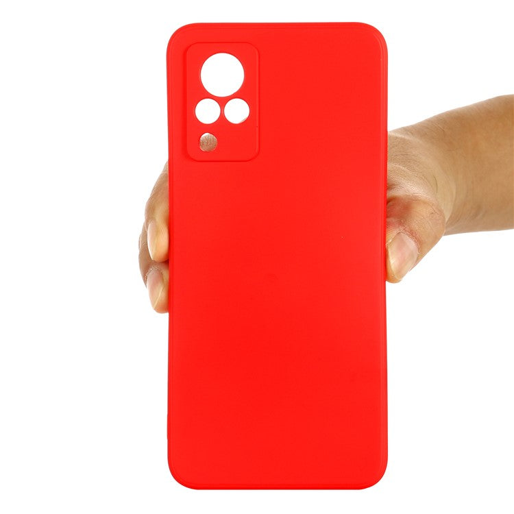 Shockproof Phone Cover Precise Cutout Solid Color Liquid Silicone Phone Case with Handy Strap for vivo V21 4G - Red