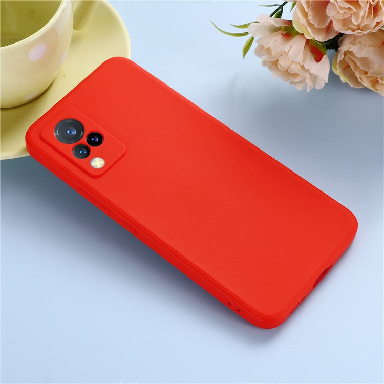 Shockproof Phone Cover Precise Cutout Solid Color Liquid Silicone Phone Case with Handy Strap for vivo V21 4G - Red