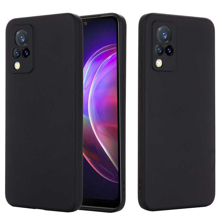 Shockproof Phone Cover Precise Cutout Solid Color Liquid Silicone Phone Case with Handy Strap for vivo V21 4G - Black
