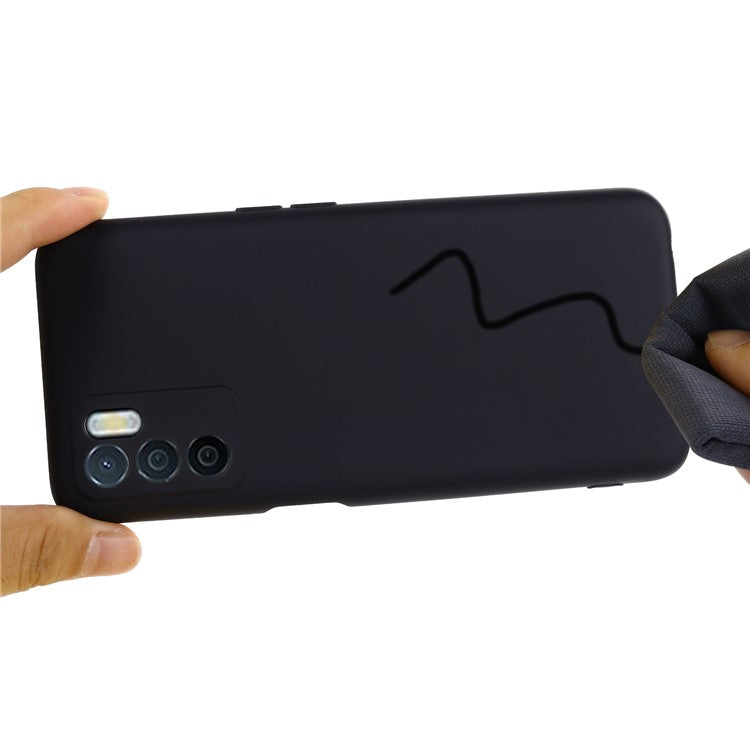 Microfiber Liner Shockproof Precise Cutout Solid Color Liquid Silicone Phone Case with Handy Strap for Oppo A16/A16S (Global) - Black