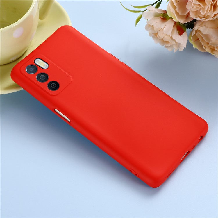 Microfiber Liner Shockproof Precise Cutout Solid Color Liquid Silicone Phone Case with Handy Strap for Oppo A16/A16S (Global) - Red
