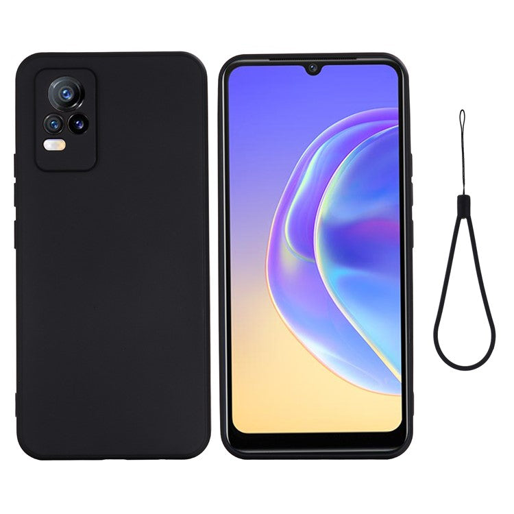Quality Phone Case Shockproof Precise Cutout Solid Color Liquid Silicone Phone Cover with Handy Strap for vivo V21e 4G / vivo Y73 - Black